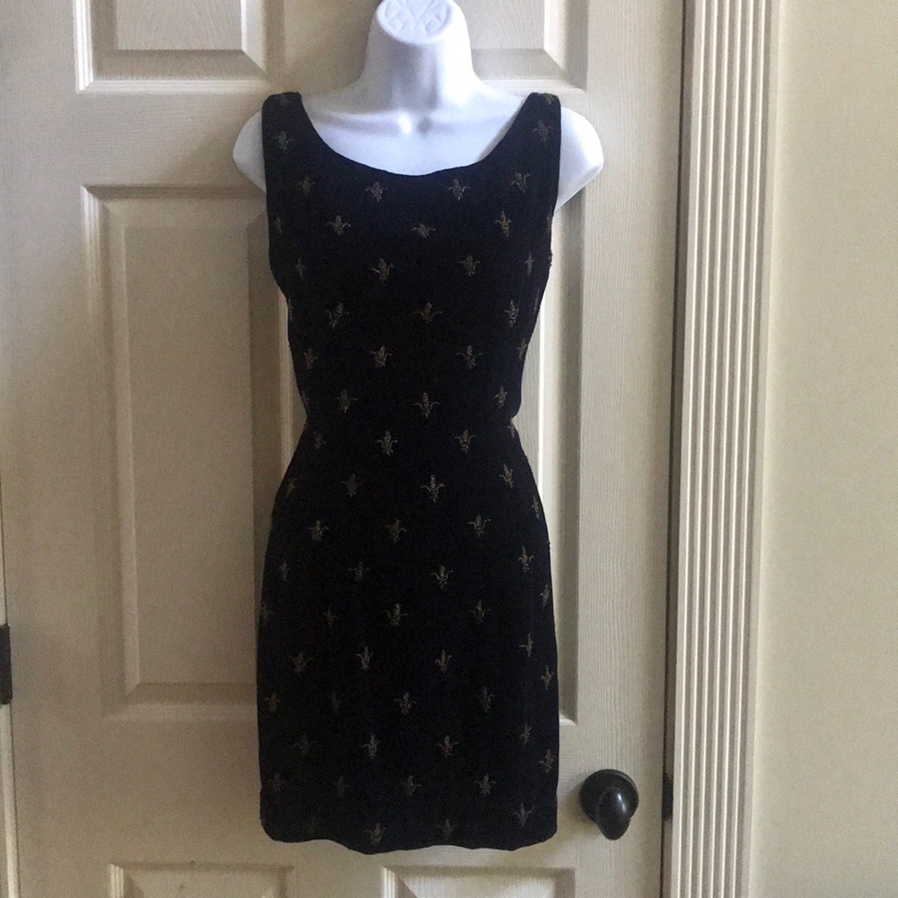 Carmen Marc Valvo Navy Velvet Dress w/ Gold Beads